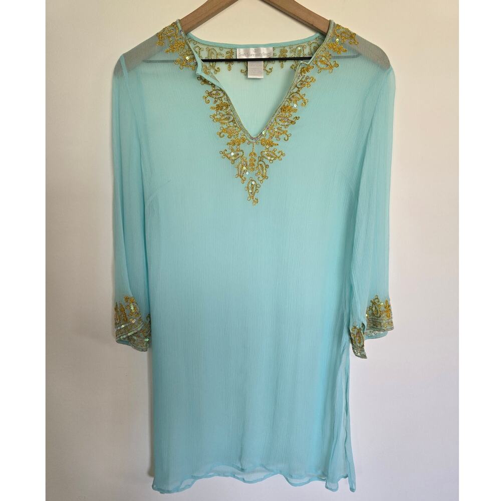 Soft Surroundings Sheer Silk Embroidered Tunic Light Blue Sequin Size M